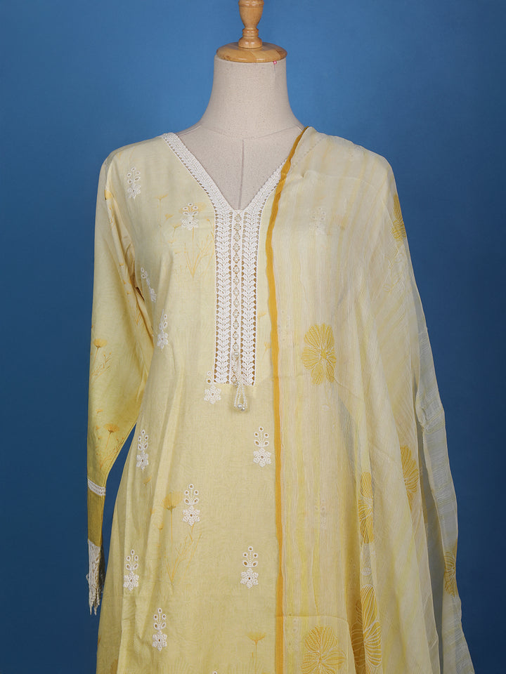 Yellow Floral Embroidery Cotton Salwar Suit - Diadem