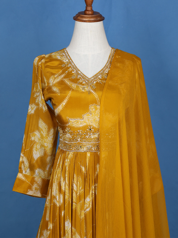 Yellow Floral Embroidery Crepe Gown - Diadem