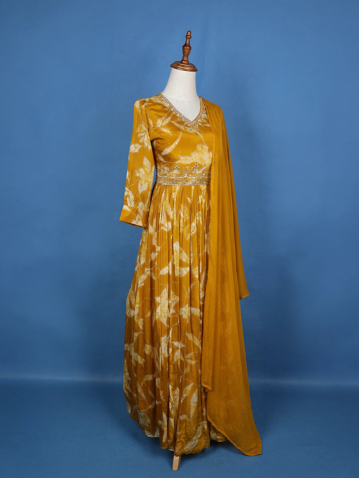 Yellow Floral Embroidery Crepe Gown - Diadem