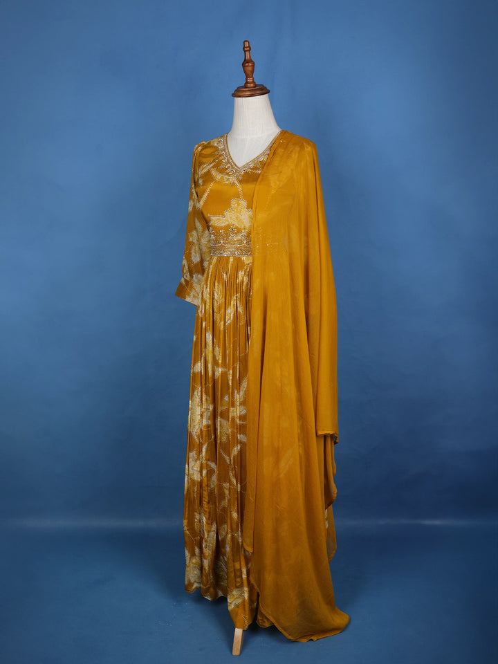 Yellow Floral Embroidery Crepe Gown - Diadem