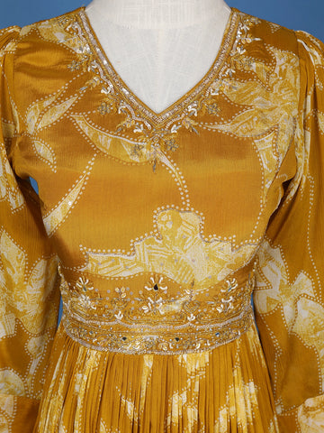 Yellow Floral Embroidery Crepe Gown - Diadem