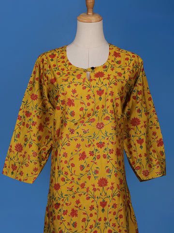 Yellow Floral Printed Cotton Kurti - Diadem
