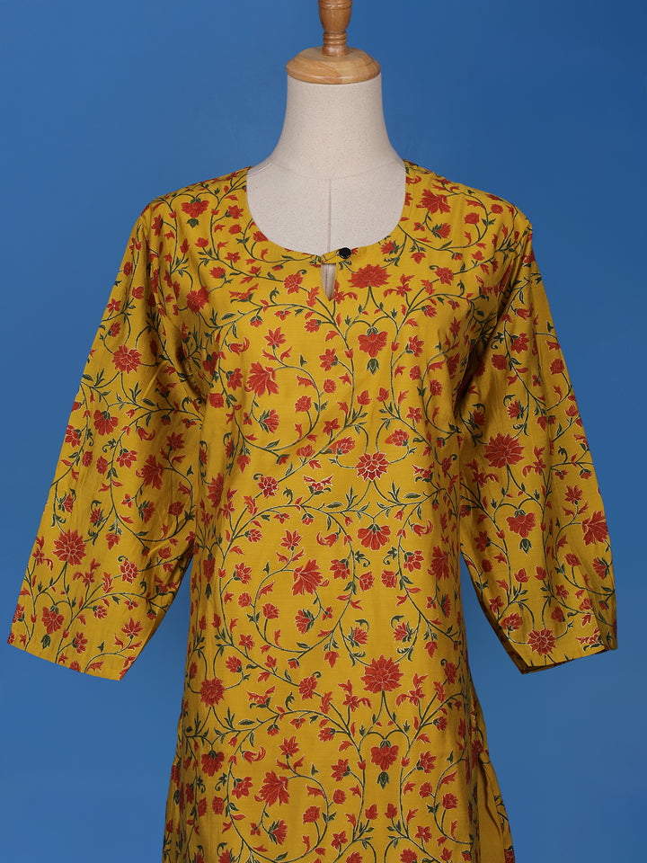 Yellow Floral Printed Cotton Kurti - Diadem