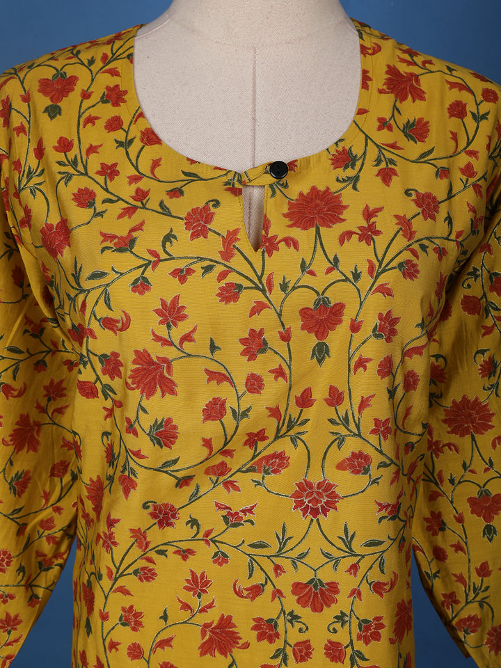 Yellow Floral Printed Cotton Kurti - Diadem