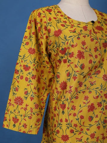 Yellow Floral Printed Cotton Kurti - Diadem