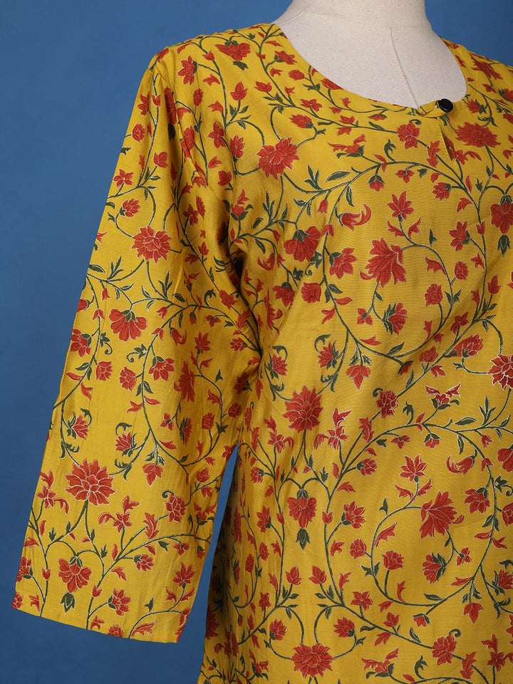 Yellow Floral Printed Cotton Kurti - Diadem