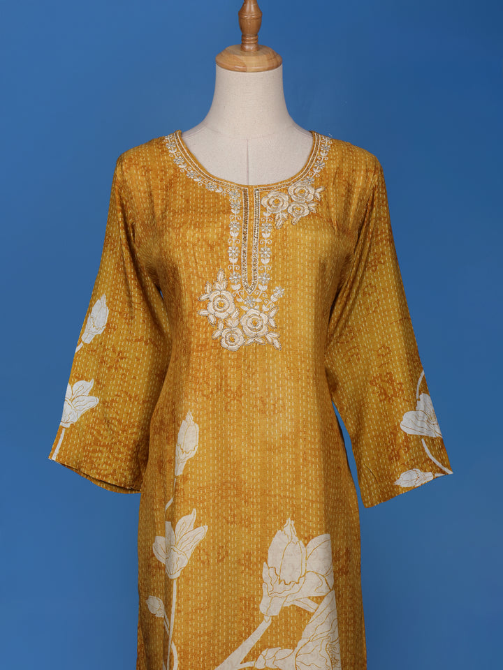 Yellow Floral Printed Cotton Kurti - Diadem