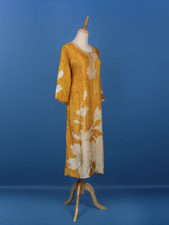 Yellow Floral Printed Cotton Kurti - Diadem