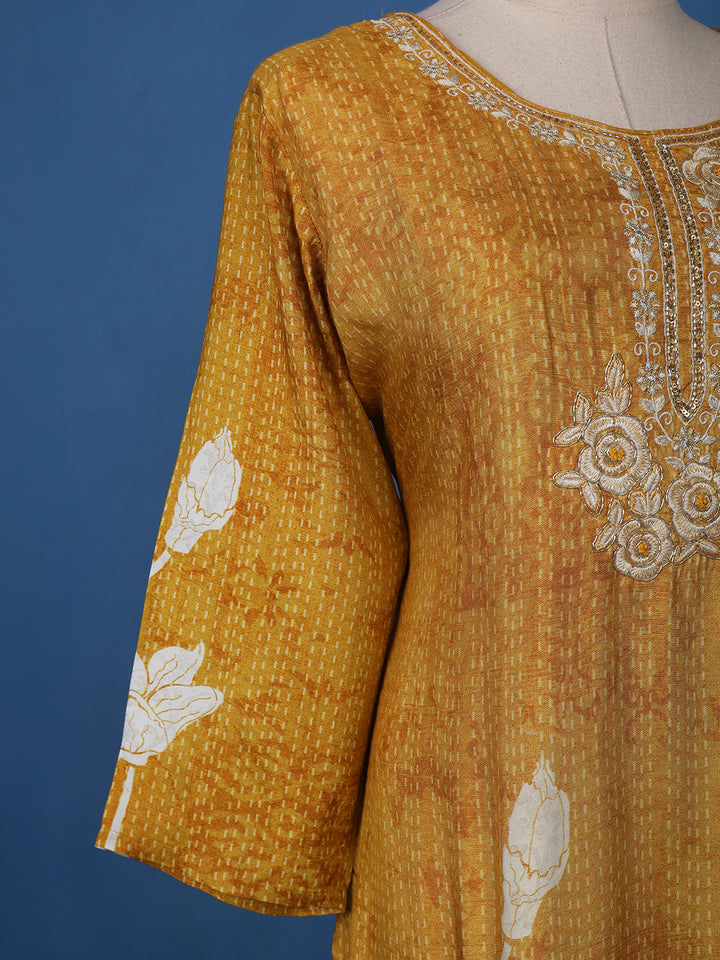 Yellow Floral Printed Cotton Kurti - Diadem