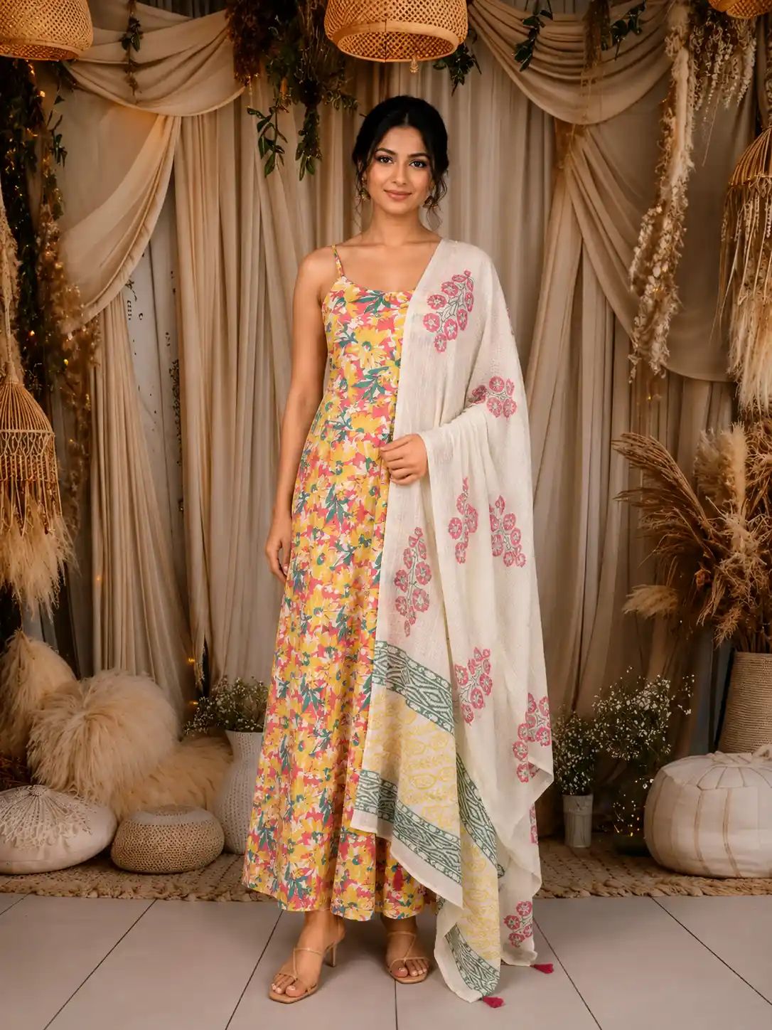Yellow Floral Printed Design Cotton Anarkali Salwar Suit  with Dupatta