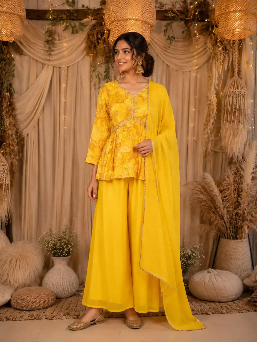 Yellow Floral Printed Design Peplum Top Palazzo Suit with Dupatta