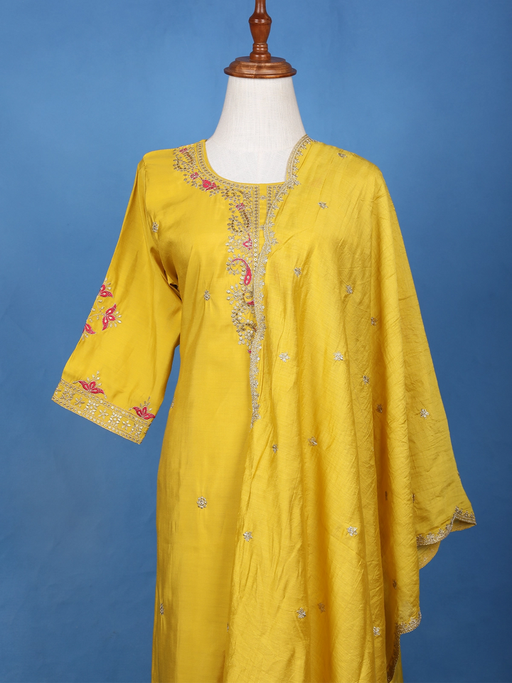 Yellow Floral Sequins Embroidered Georgette Salwar Suit - Diadem