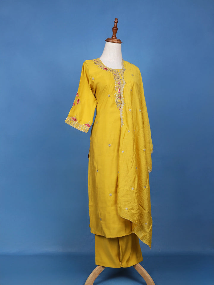 Yellow Floral Sequins Embroidered Georgette Salwar Suit - Diadem