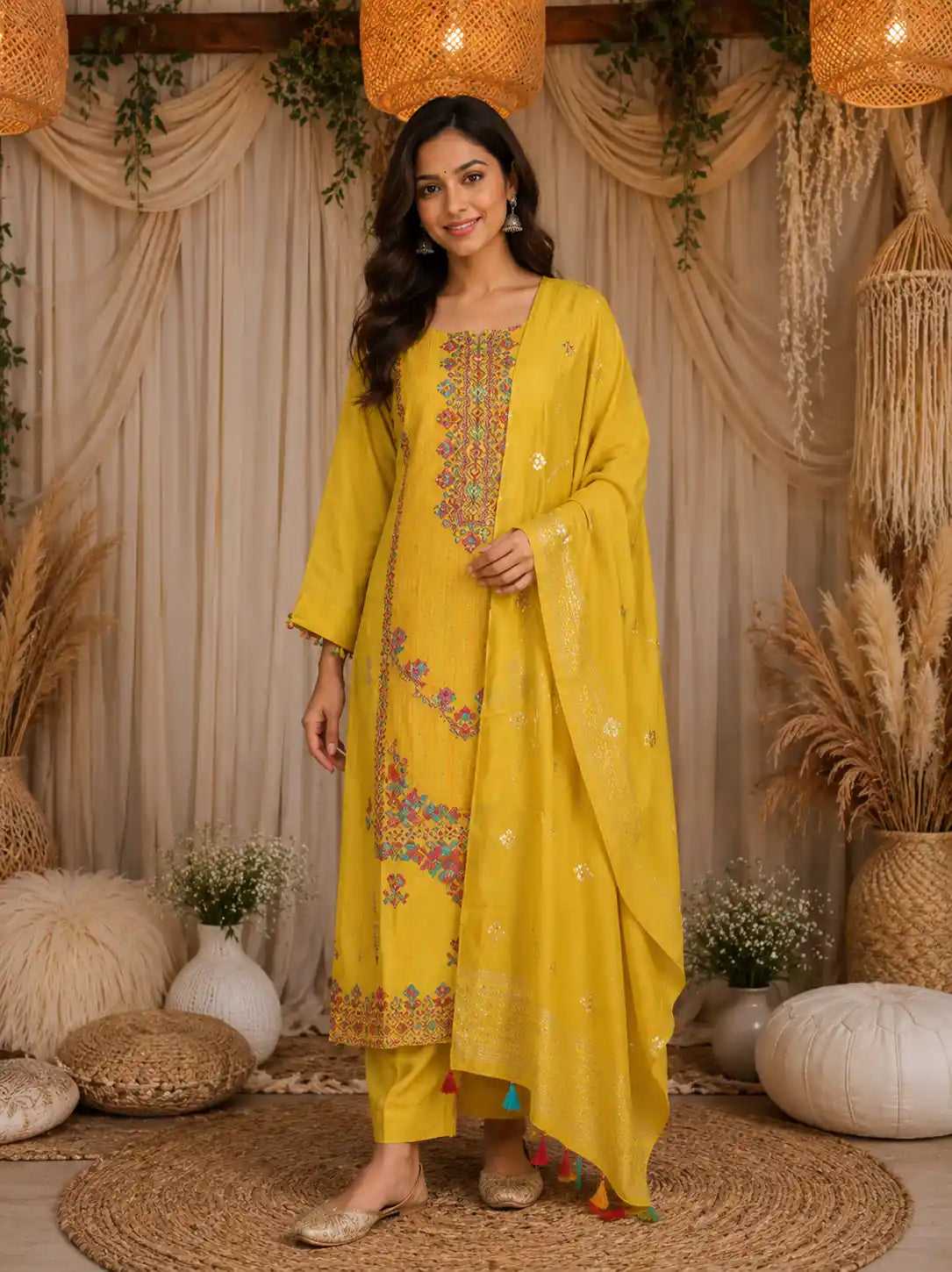 Yellow Floral Thread Embroidered Design Cotton Straight Cut Salwar Suit
