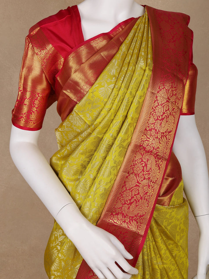 Yellow Floral Woven Pure Kanchipuram Silk Saree - Diadem