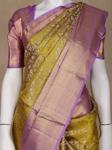 Yellow Floral Woven Pure Kanchipuram Silk Saree - Diadem