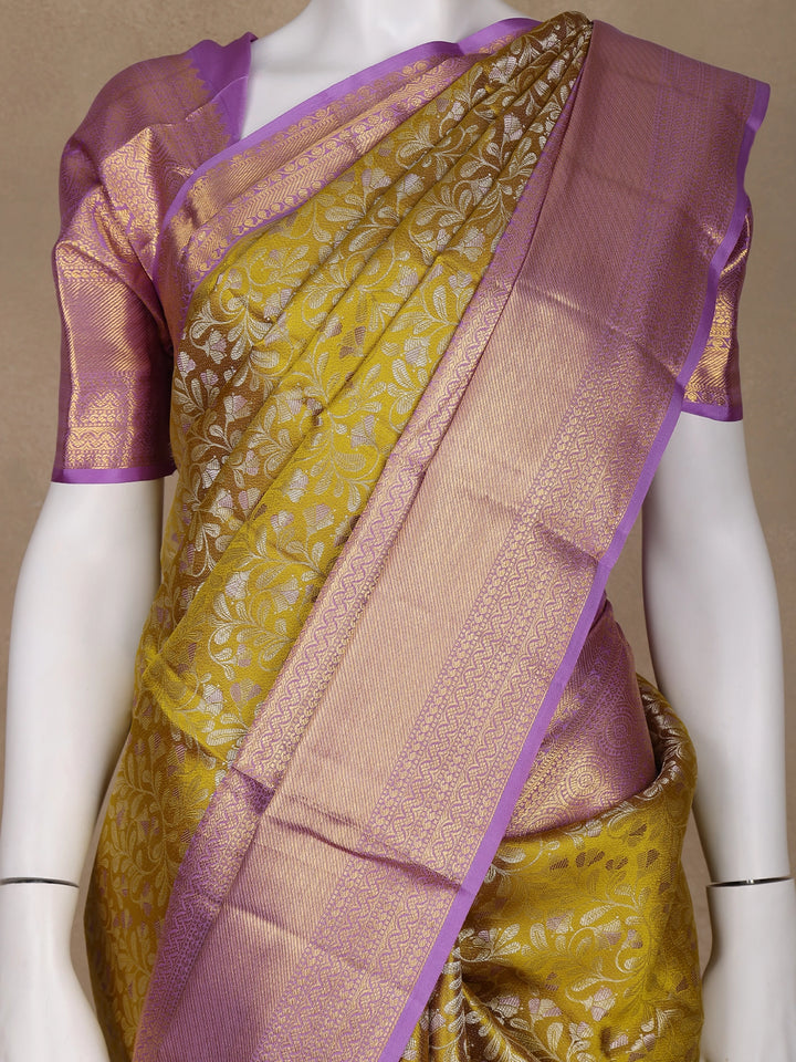 Yellow Floral Woven Pure Kanchipuram Silk Saree - Diadem