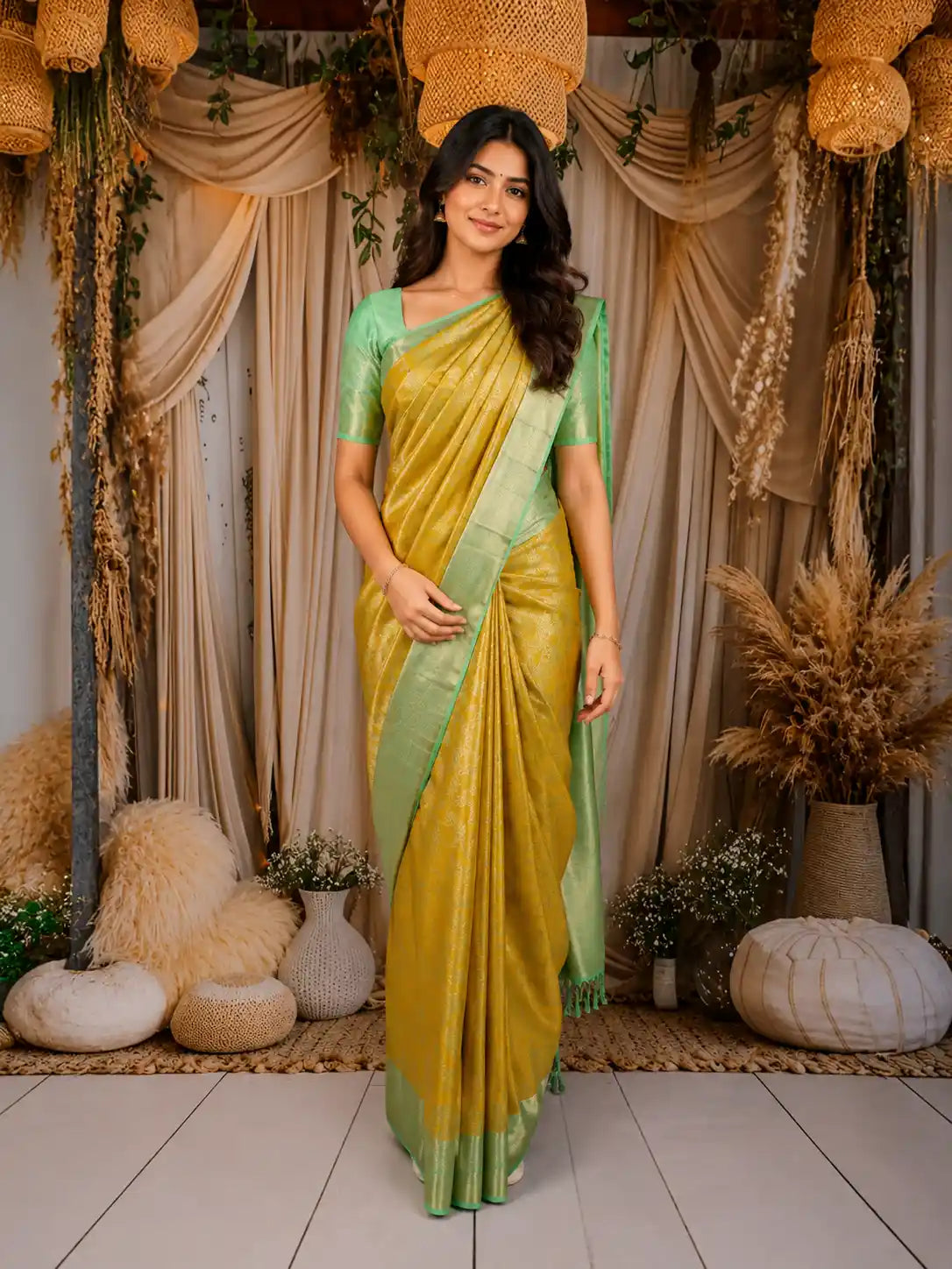 Yellow Floral Woven Pure Kanchipuram Silk Saree with Zari Border