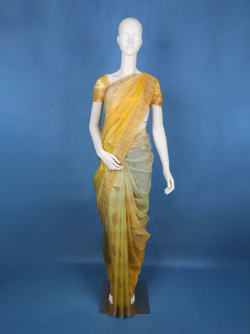 Yellow Floral Zari Sequin Embellishment Organza Saree - Diadem