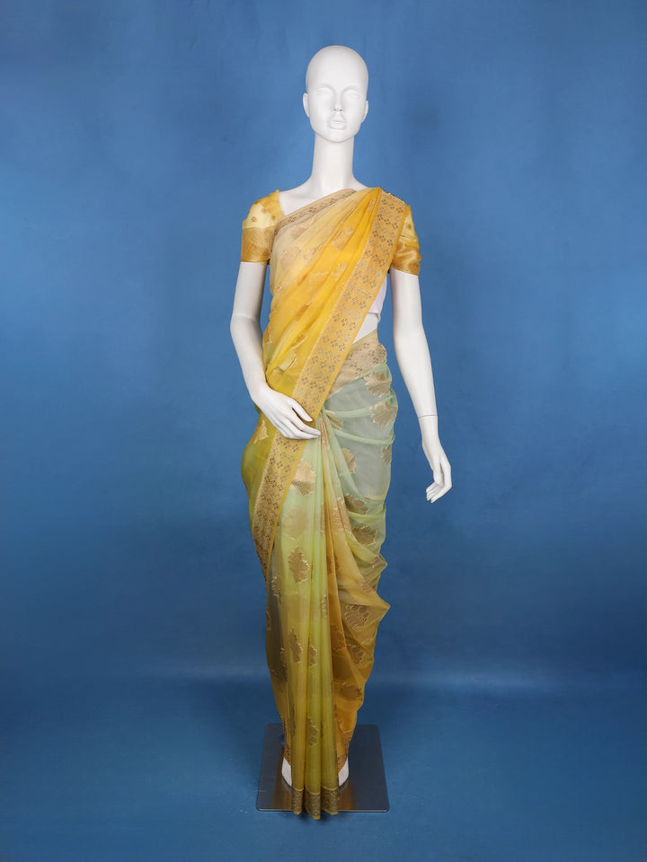Yellow Floral Zari Sequin Embellishment Organza Saree - Diadem