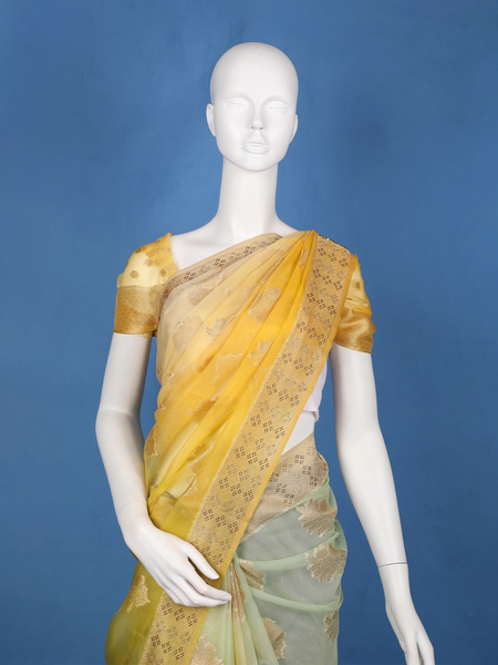 Yellow Floral Zari Sequin Embellishment Organza Saree - Diadem
