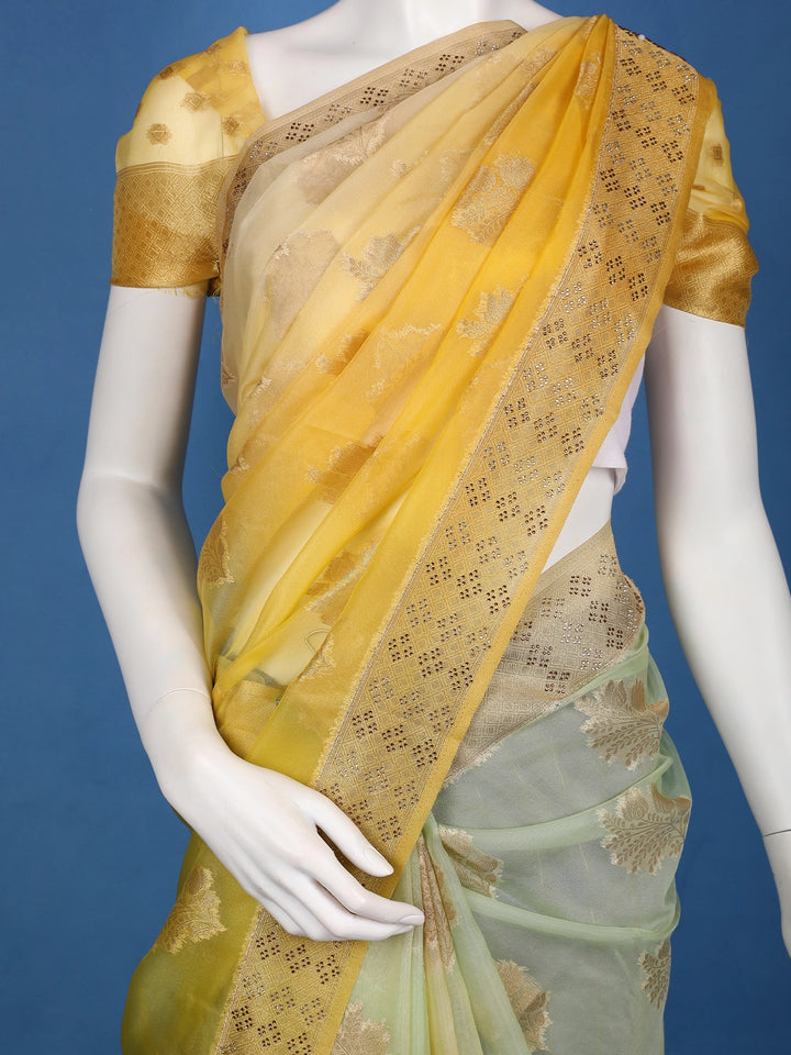 Yellow Floral Zari Sequin Embellishment Organza Saree - Diadem