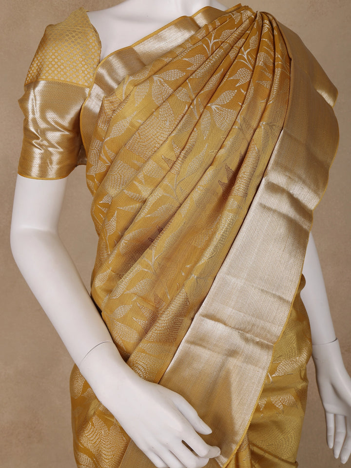 Yellow Floral and Leaf Woven Pure Kanchipuram Silk Saree - Diadem