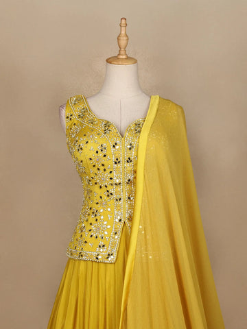 Yellow Mirror Worked Lehenga - Diadem