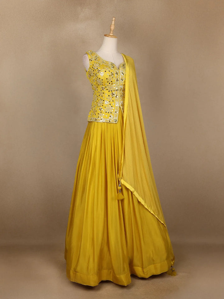 Yellow Mirror Worked Lehenga - Diadem