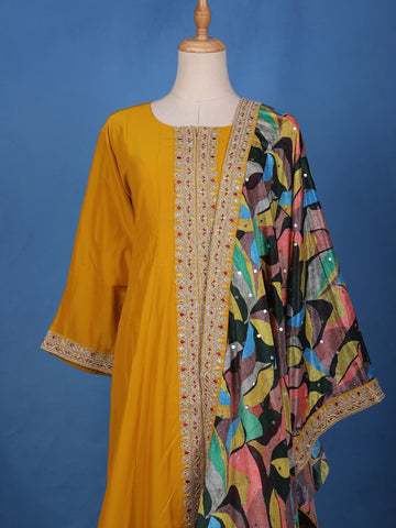 Yellow Sequins Embllishment Printed Semi Silk Salwar Suit - Diadem
