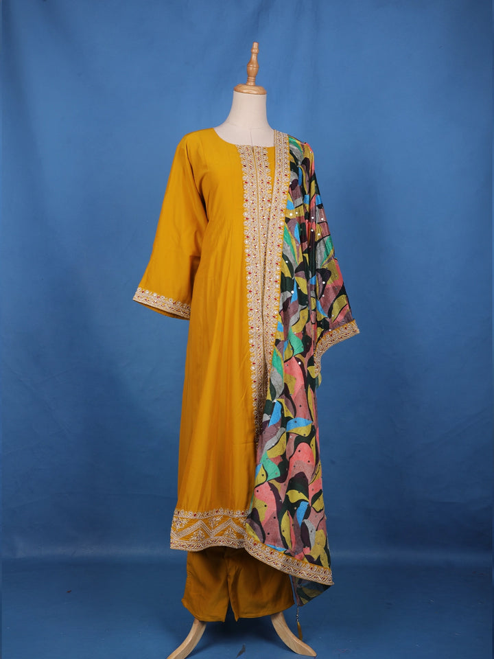 Yellow Sequins Embllishment Printed Semi Silk Salwar Suit - Diadem