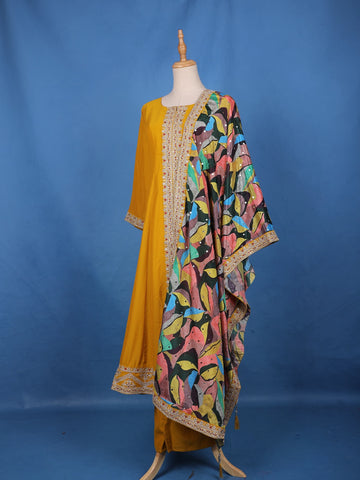 Yellow Sequins Embllishment Printed Semi Silk Salwar Suit - Diadem