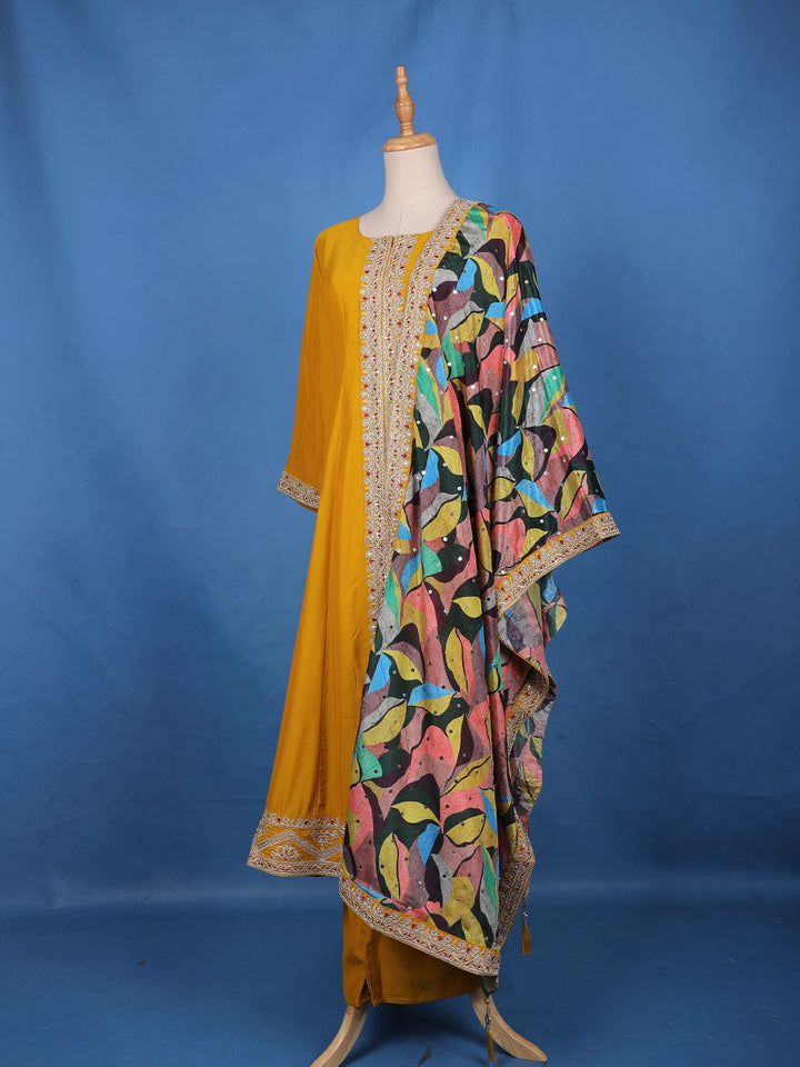 Yellow Sequins Embllishment Printed Semi Silk Salwar Suit - Diadem