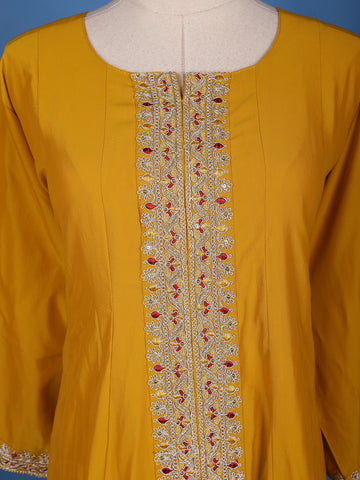 Yellow Sequins Embllishment Printed Semi Silk Salwar Suit - Diadem