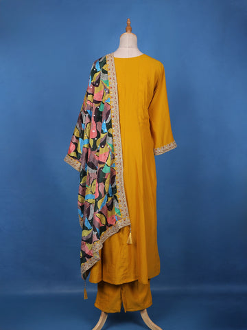 Yellow Sequins Embllishment Printed Semi Silk Salwar Suit - Diadem