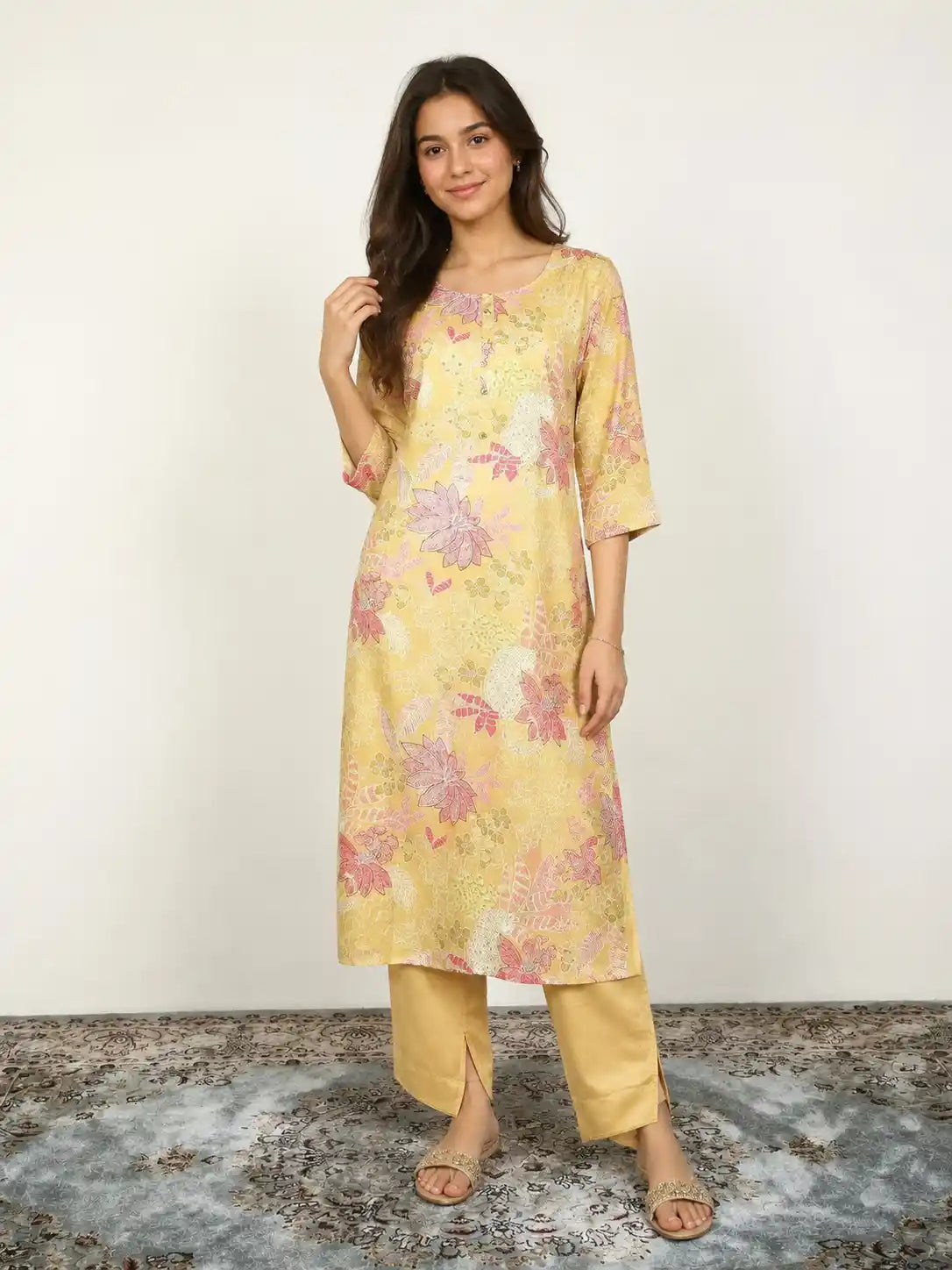 Yellow Straight Cut Salwar Suit Enhanced with Floral Prints