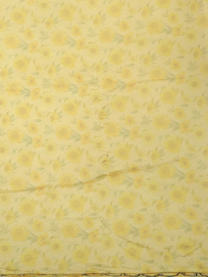 Yellow Sun Flower Designed Satin Fancy Saree - Diadem