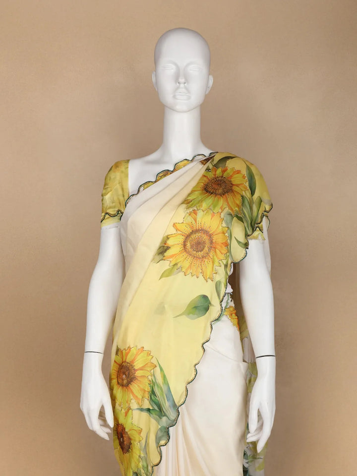 Yellow Sun Flower Designed Satin Fancy Saree - Diadem