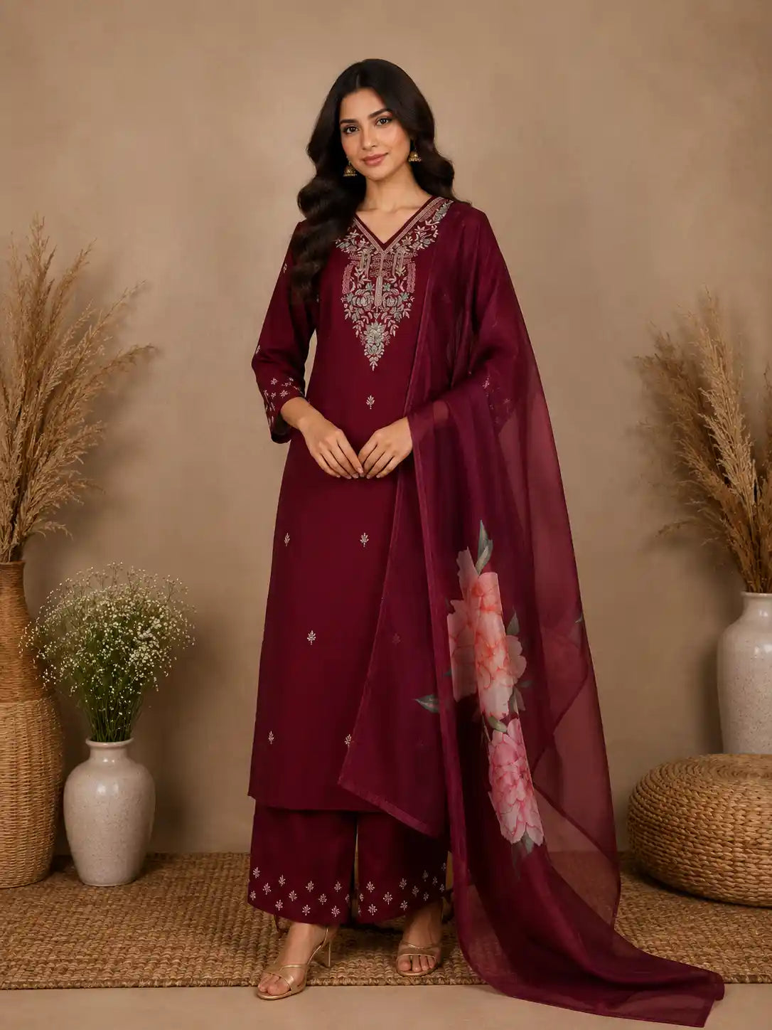 Wine Floral Embroidered Raw Silk Straight Cut Salwar Suit