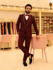 Deep Wine Heavy Beads Embellished Design Jacquard Men's Wedding Suit with Matching Pant