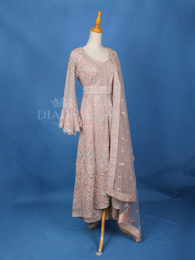 Lightweight Embroidered Anarkali Suit with Bell Sleeves in Peach