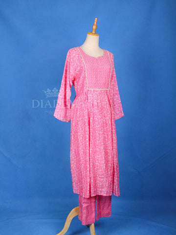 Pink Cotton Anarkali Salwar Suit for Women Embellished with Floral Prints, with 3/4 Sleeve and U-Neck - Diadem