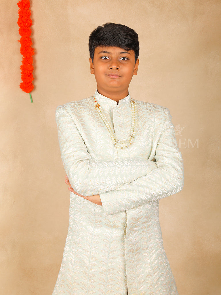 Aqua Blue Closed Neck Jacquard Sherwani