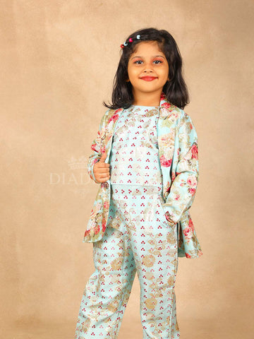 Aqua Blue Floral Printed Coat Suit - Diadem