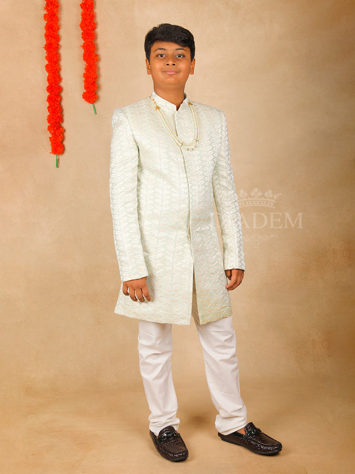 Aqua Blue Jacquard Sherwani and Pant Set 