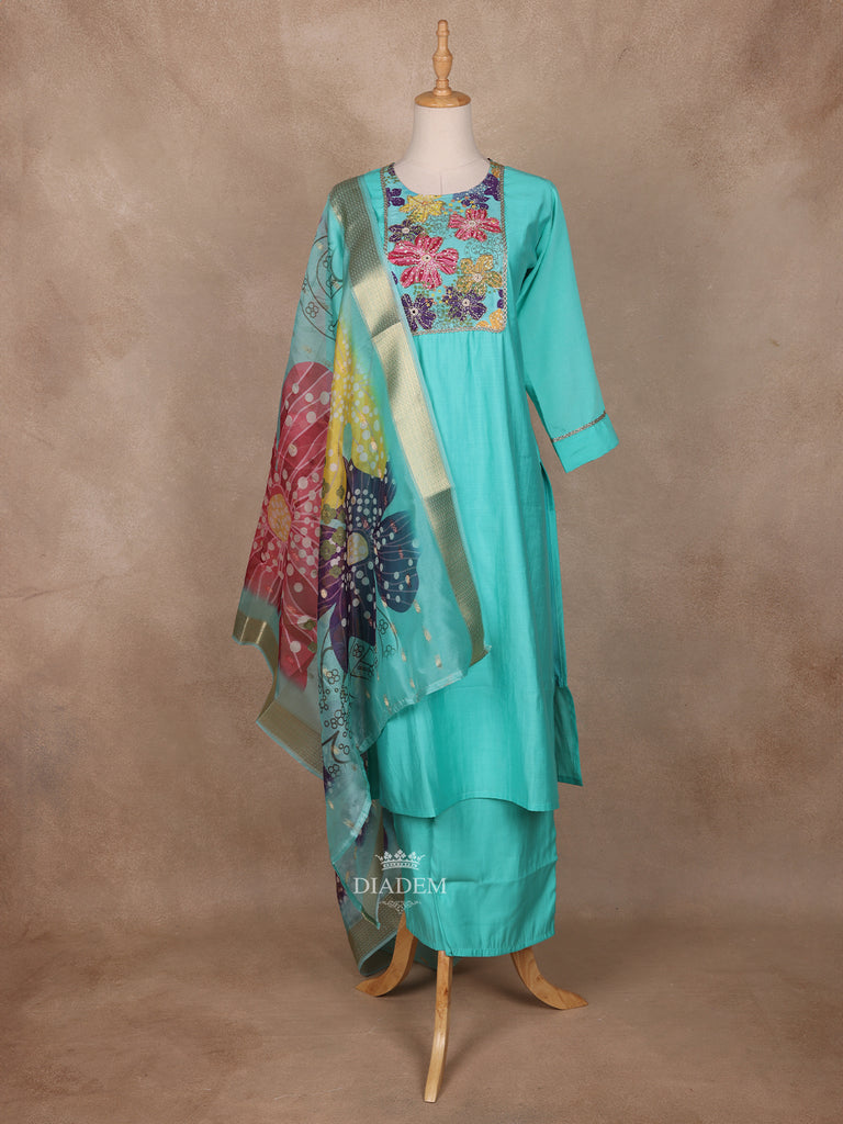 Aqua Blue Semi Silk Embroidery Salwar