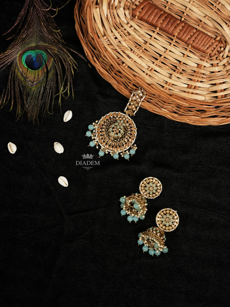 Aqua Green Maang Tikka and Earrings