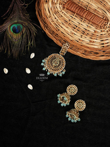 Regal Aqua Green Maang Tikka and Earrings Set - Diadem