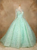 Aqua Green Floral Sequin Embroidered Bridal Reception Net Ball Gown