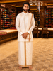 Soft Cream Floral Vine Thread Embroidered Design Pure Silk Full-Sleeve Shirt with Matching Dhoati Set